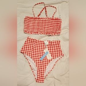 Cupshe Red Gingham Smocked Bikini - Small, Red & White